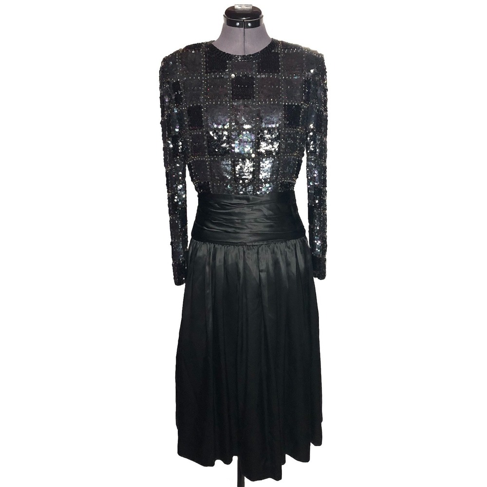 Vtg‎ 80s Black Sequin Satin Formal Dress Disco Evening Gown 36-28-42